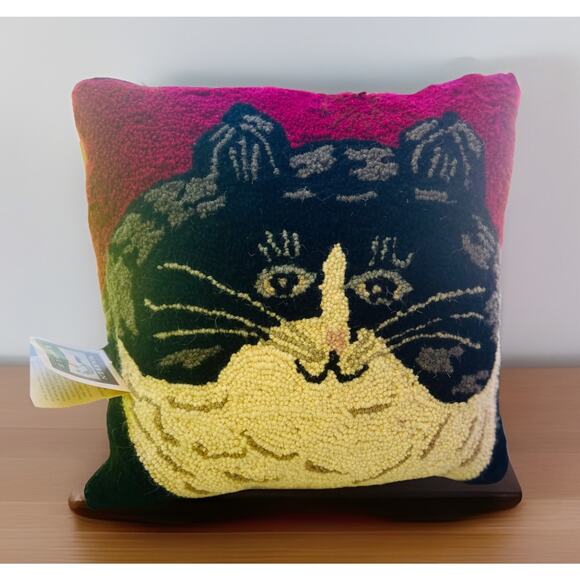 Warren Kimble Jellicle Cat Hook Pillow Black White Kitty Velvet Back 16x16" New